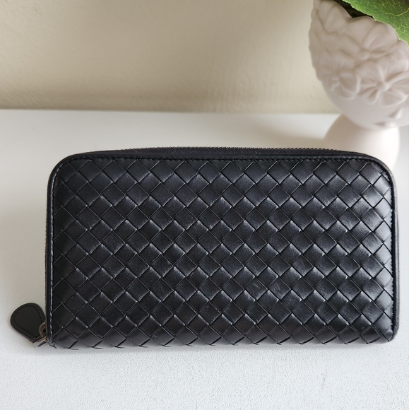 Bottega Veneta Handbags - Bottega Veneta Intrecciato Black Lambskin Leather Zip Around Long Wallet